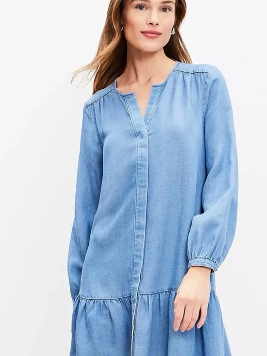 LOFT Dresses & Skirts - NWT LOFT Chambray Button Down Long Sleeve Flounce Dress Denim